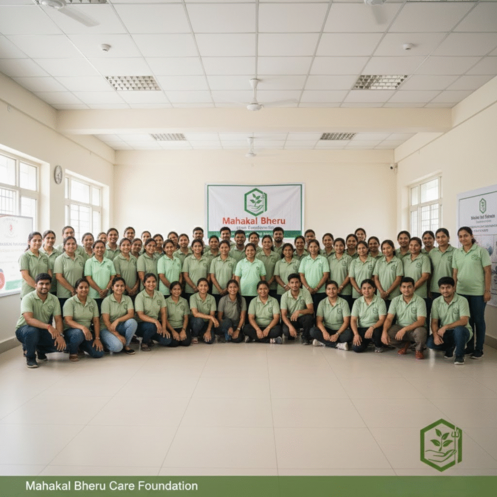 Mahakal Bheru Care Foundation's volunteer Mahakal Bheru Care Foundation large group photo of volunteers and staff team wearing matching green t-shirts beneath the Mahakal Bheru banner.