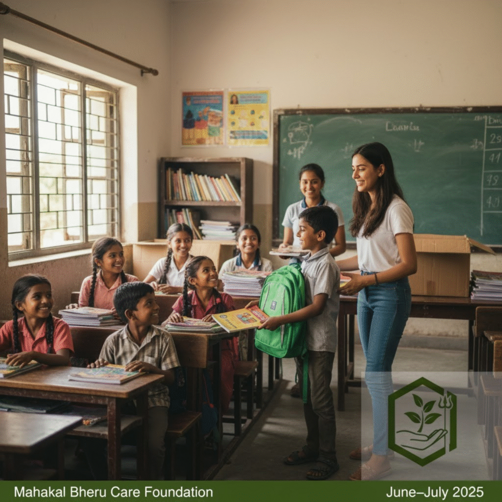Orphanage children's education A group of smiling children at an orphanage receiving books and school supplies from Mahakal Bheru Care Foundation volunteers during a donation drive in June–July 2025.